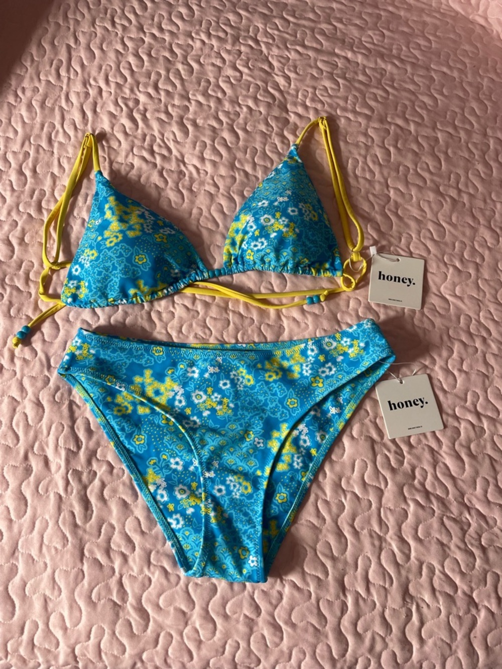honey swim Blue & Yellow Floral Triangle Bikini Set